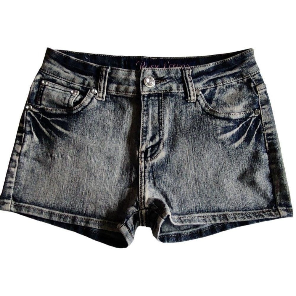Rosy Loves Acid Wash Embellished Denim Shorts Size 11 Rhinestone Studded Y2K